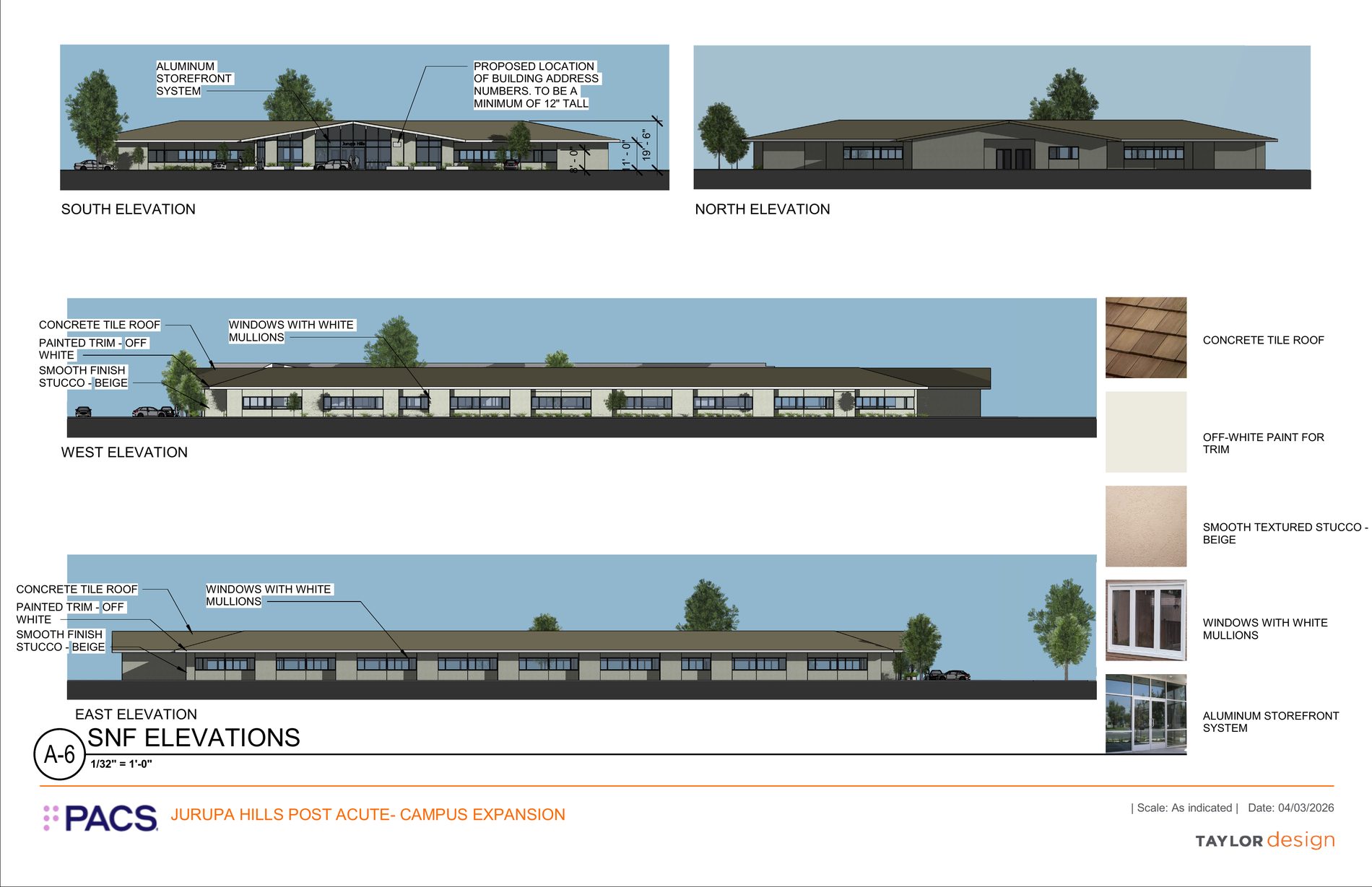 Skilled nursing facility elevations for the Jurupa Hills Post Acute Care Project
